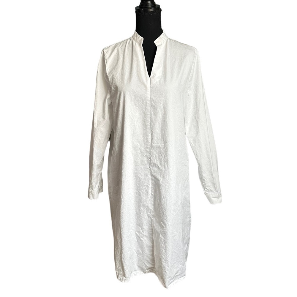 Women’s 100% Cotton White Long Sleeve V-neck Polo Shirt Dress Size Medium